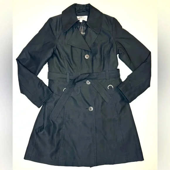 Donatella Women’s  Black Trench Rain Coat Mid-Length Plaid Lining Size 8 - Picture 1 of 12